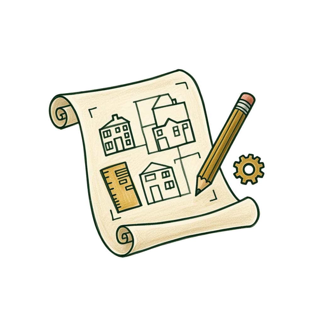 An architectural blueprint with pencil and gear, representing business planning