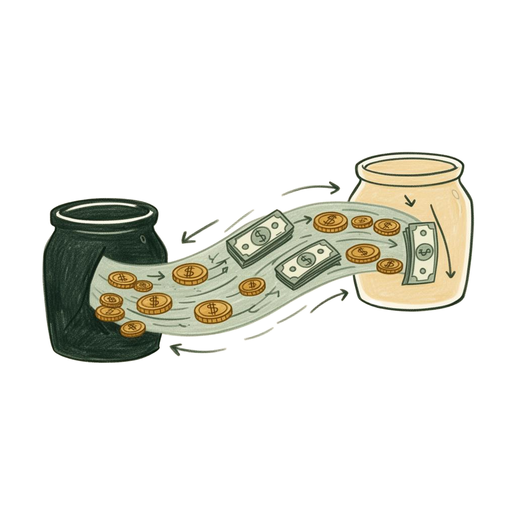 Money flowing between two jars, representing healthy cash flow