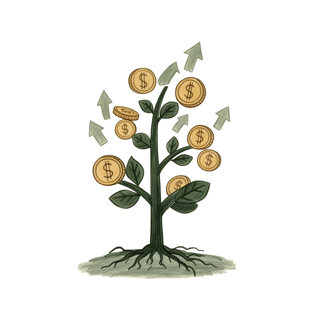 A tree growing coins, symbolizing financial growth and wealth building