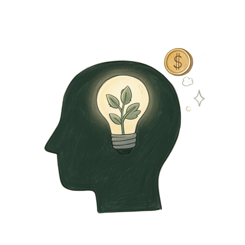 A head silhouette with a glowing lightbulb inside, representing money mindset