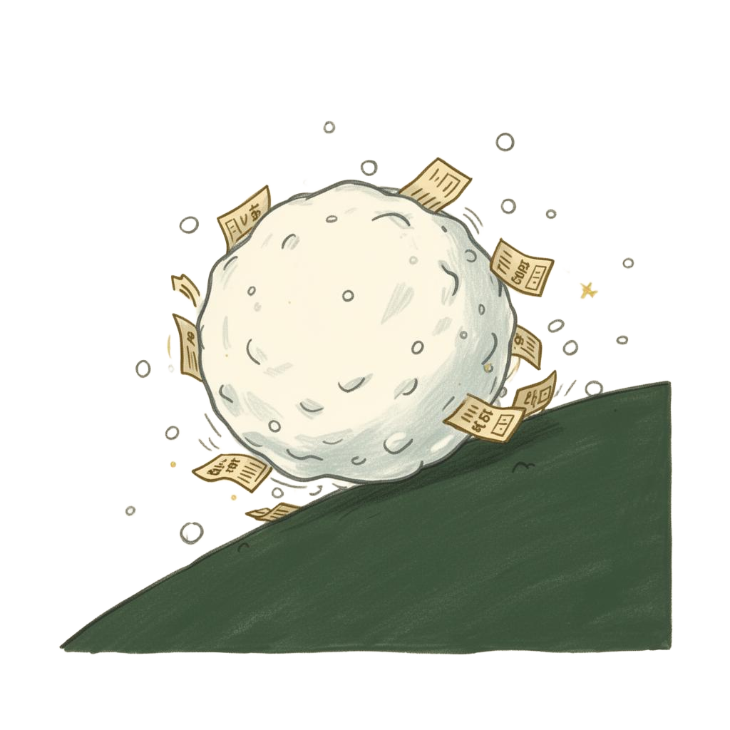 A growing snowball rolling downhill, absorbing debt papers as it gains momentum